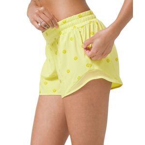 Lululemon Hotty Hot Short Low-Rise 4" Polka Dot Logo Lemon Vibe Matte Green Foil